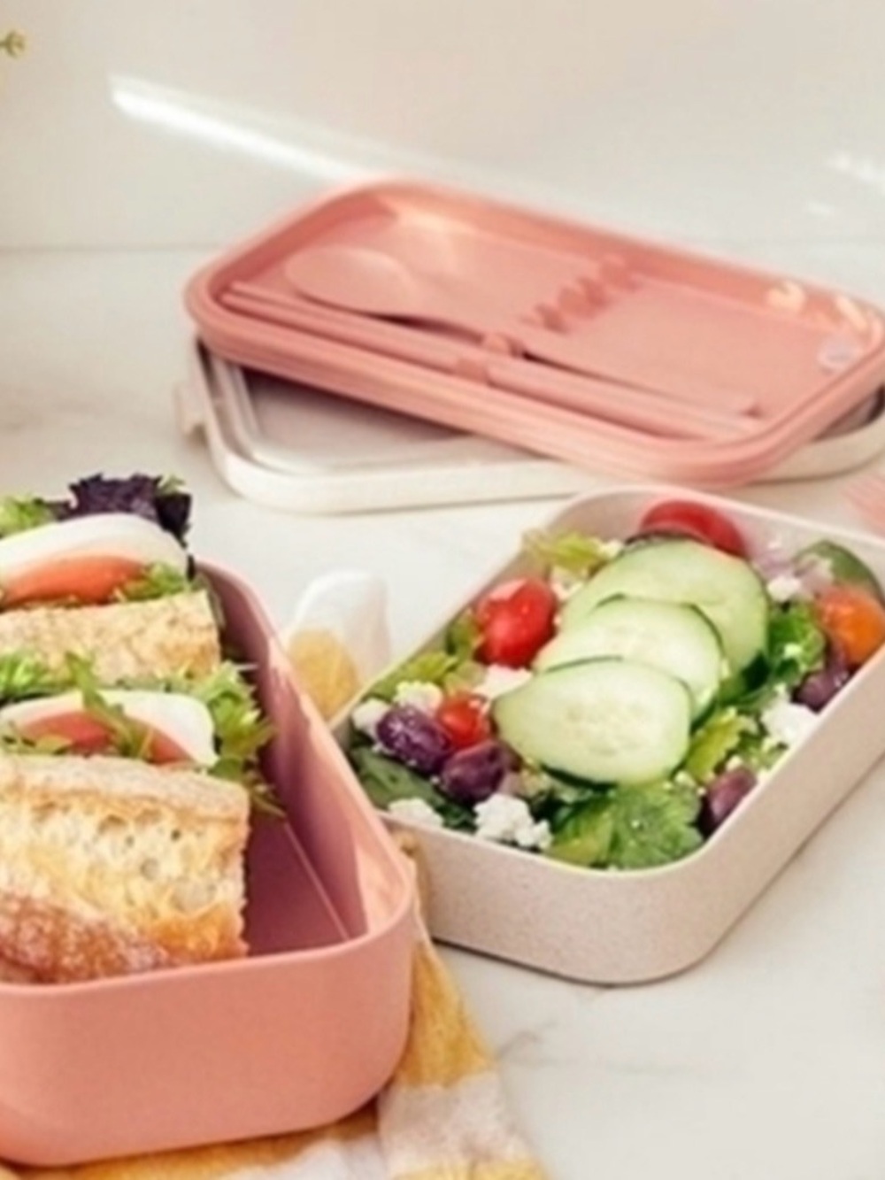 Our Place Pink and Cream Bento-Style Lunch Boxes with Utensil Tray